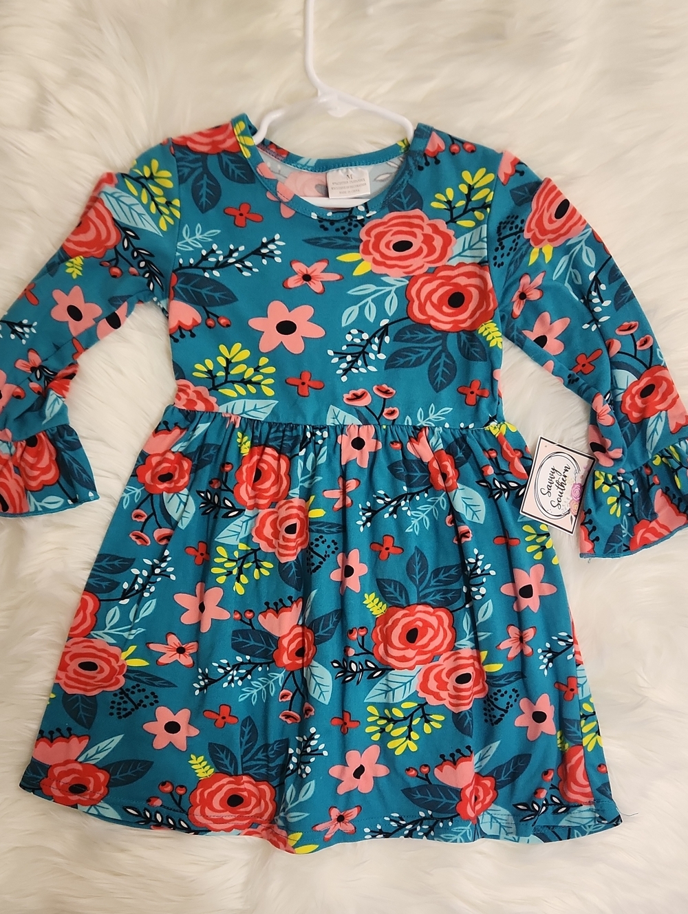 Teal Floral Long-Sleeve Dress - Girls Size Medium